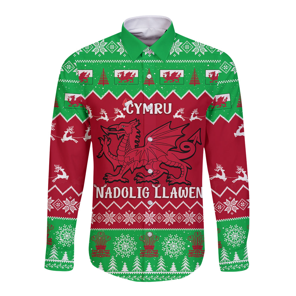 Personalised Wales Christmas Long Sleeve Button Shirt Nadolig Llawen Cymru Unique Version - Wonder Print Shop