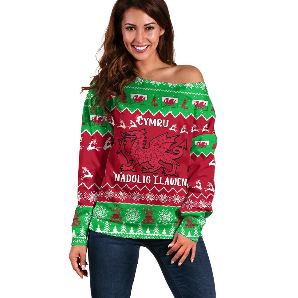 Personalised Wales Christmas Off Shoulder Sweater Nadolig Llawen Cymru Unique Version - Wonder Print Shop