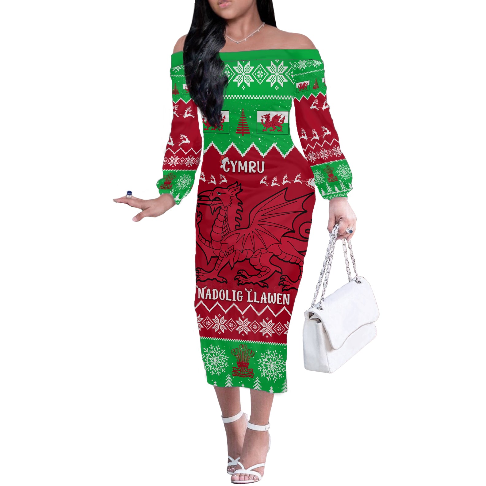 Personalised Wales Christmas Off The Shoulder Long Sleeve Dress Nadolig Llawen Cymru Unique Version - Wonder Print Shop