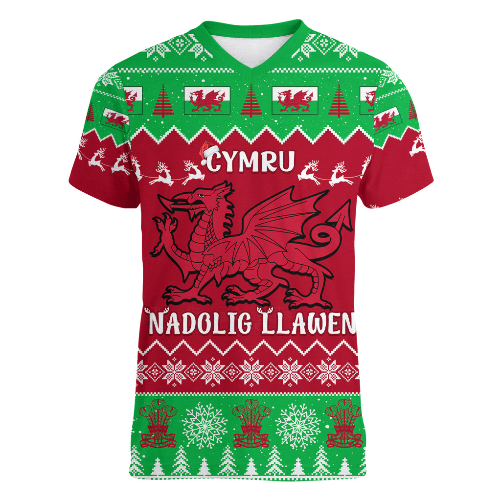 personalised-wales-christmas-women-v-neck-t-shirt-nadolig-llawen-cymru-unique-version