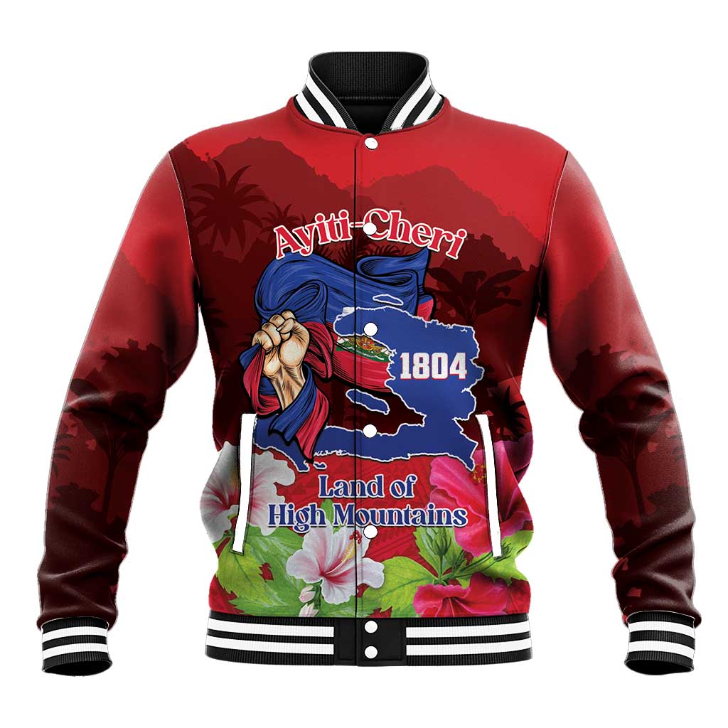 Red baseball jacket with striped rib trim, front graphic with 1804, Haiti map, and “Land of High Mountains”