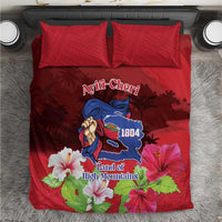 Red duvet cover set with two matching pillowcases, mountain crest and floral print