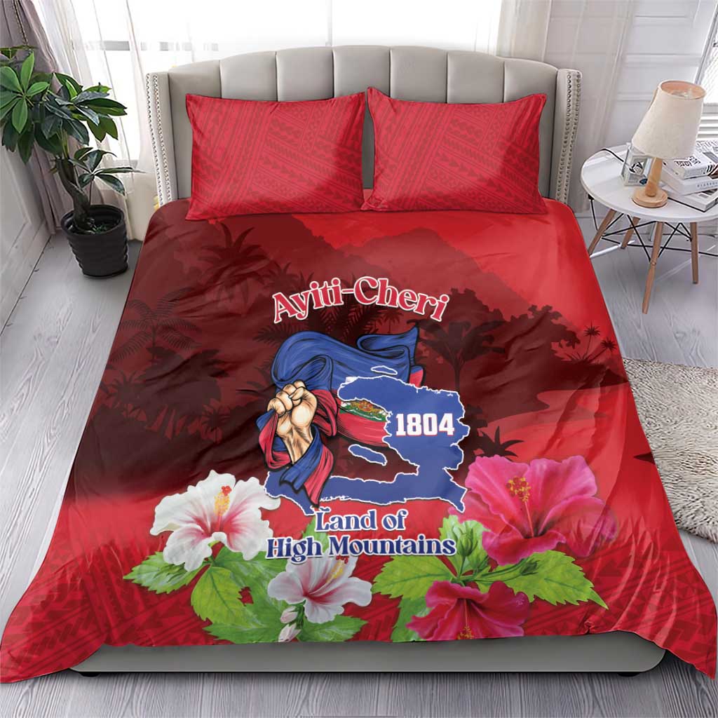 Red duvet cover with mountain crest, hibiscus and white flowers, two pillowcases