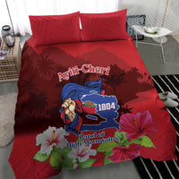 Red duvet cover with central mountain crest and 1804 emblem, flower accents, two pillows