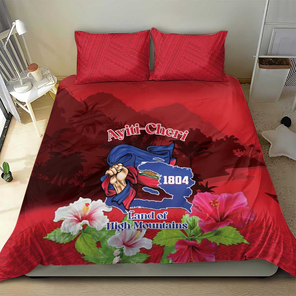Red duvet cover bedding set with mountain crest, hibiscus flowers, and two pillowcases