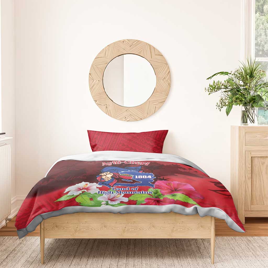 Red duvet cover and one pillow with mountain crest and pink flowers on bed