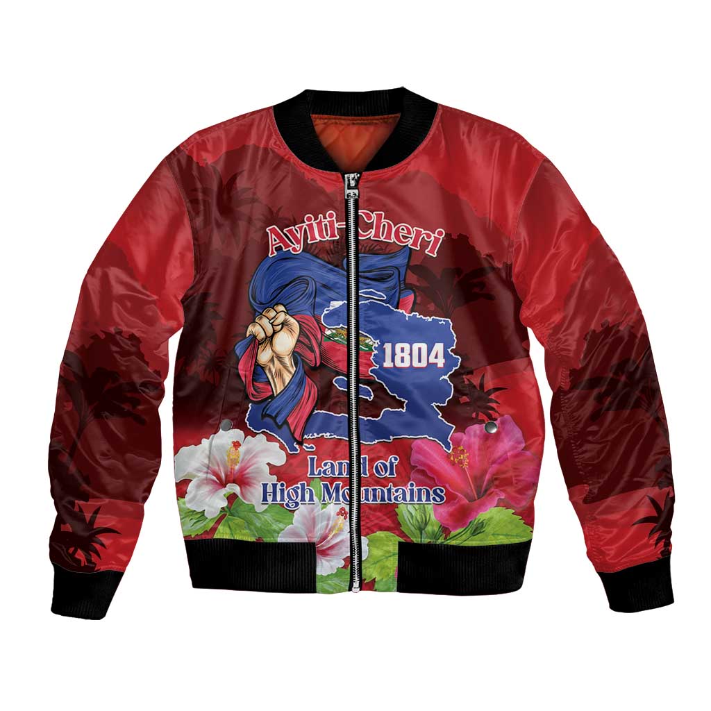 Unisex red bomber jacket with full zip and mountain scenic graphic, ribbed hem