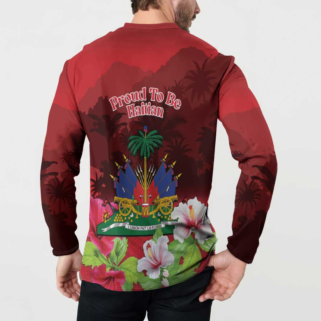 Red button henley sweatshirt back graphic: “Proud To Be Haitian” with cannon and palm scenery.