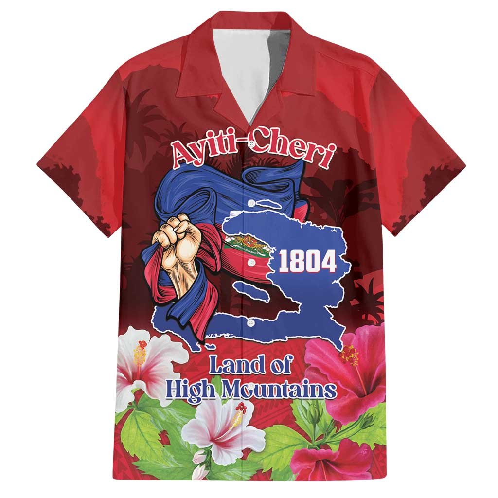 Red Hawaiian shirt with Ayiti-Cheri graphic, map, woman figure, and flowers