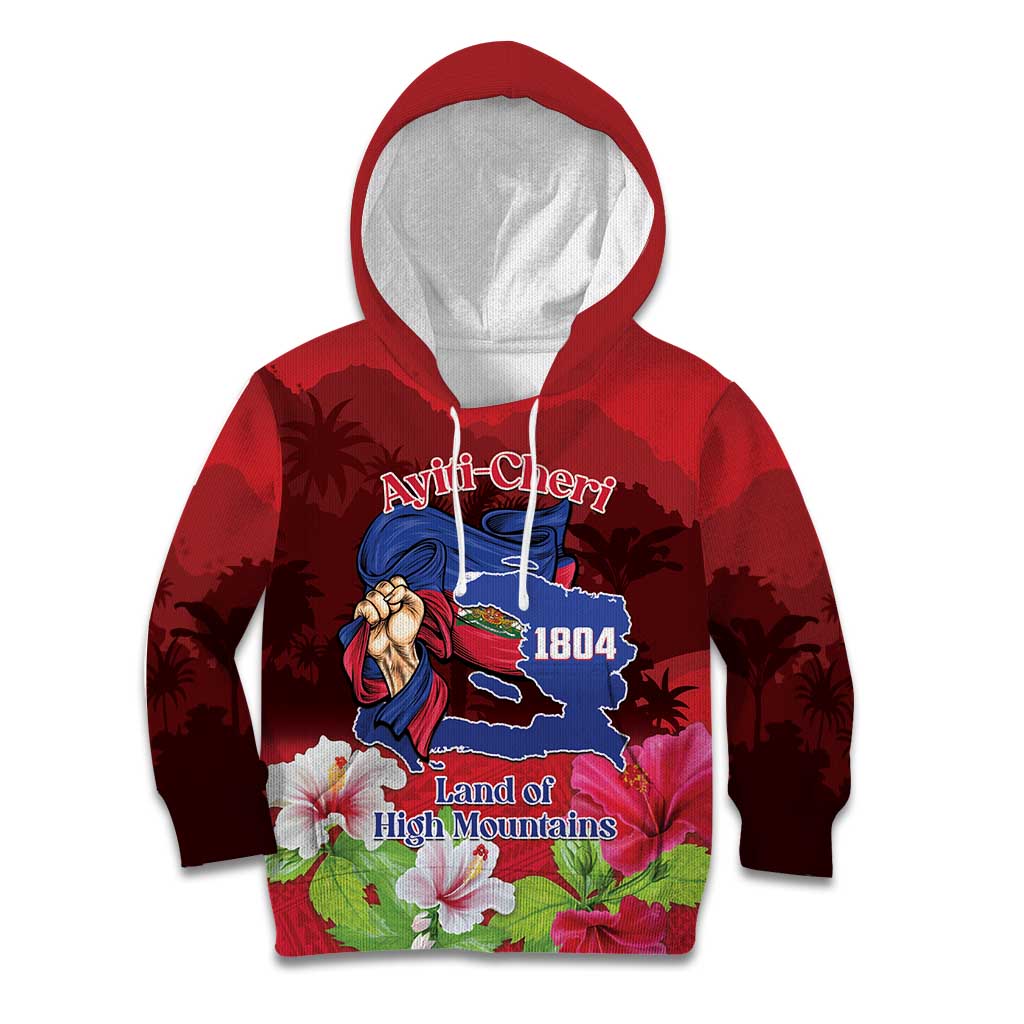 Kids red pullover hoodie with hood and front graphic print, long sleeves