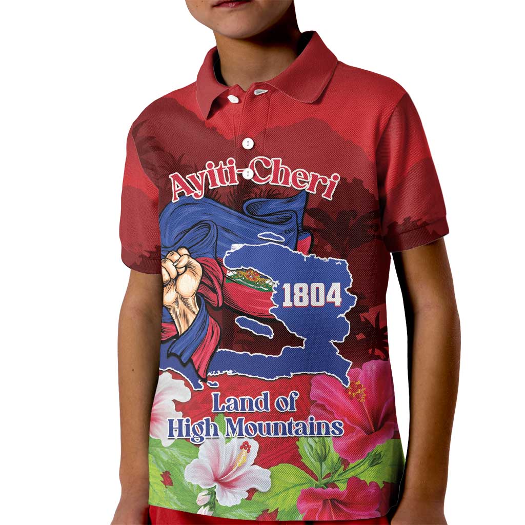 Red kid polo shirt with Haiti map, '1804', and 'Land of High Mountains' front print