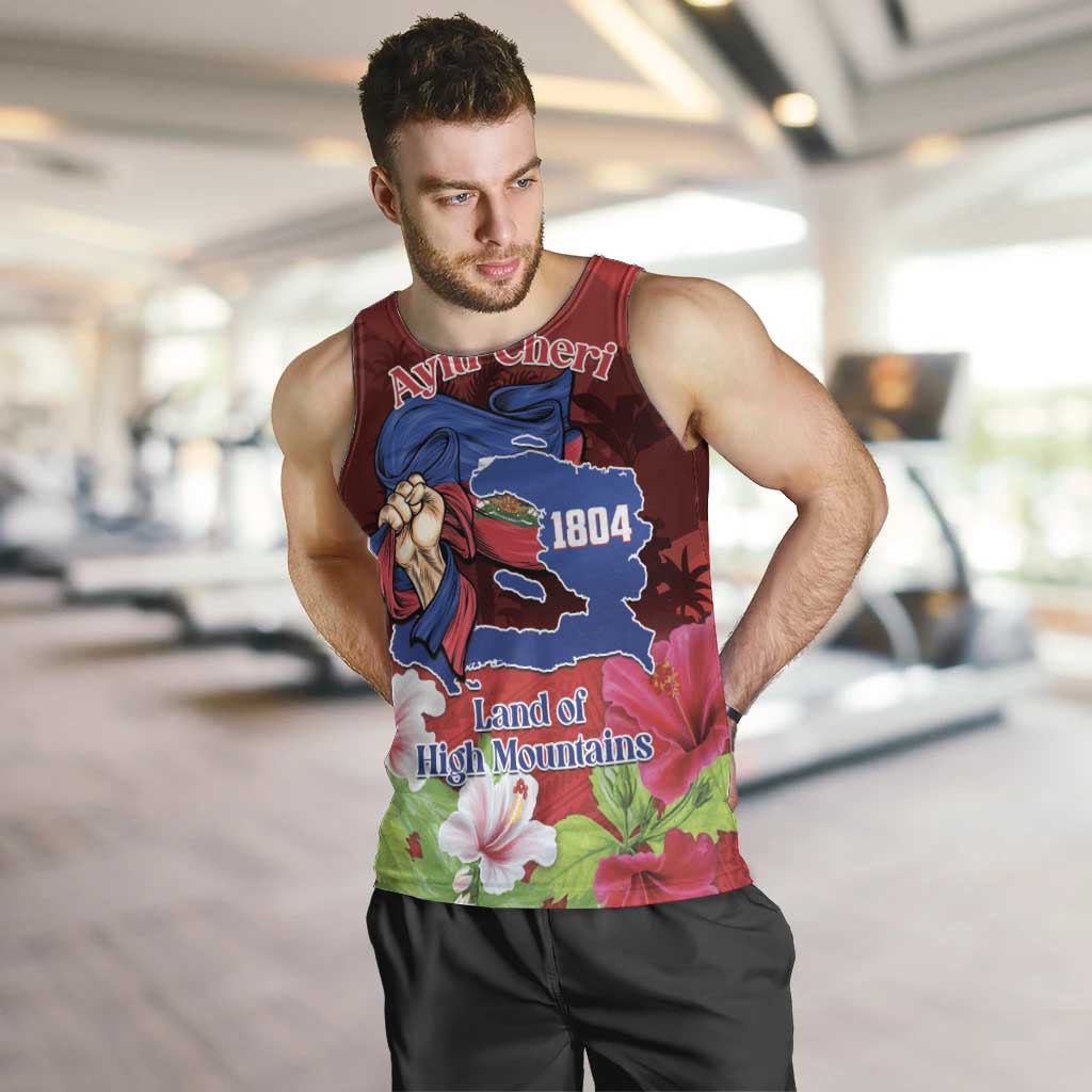 Men's red tank top with colorful front graphic print and wide ribbed neckline