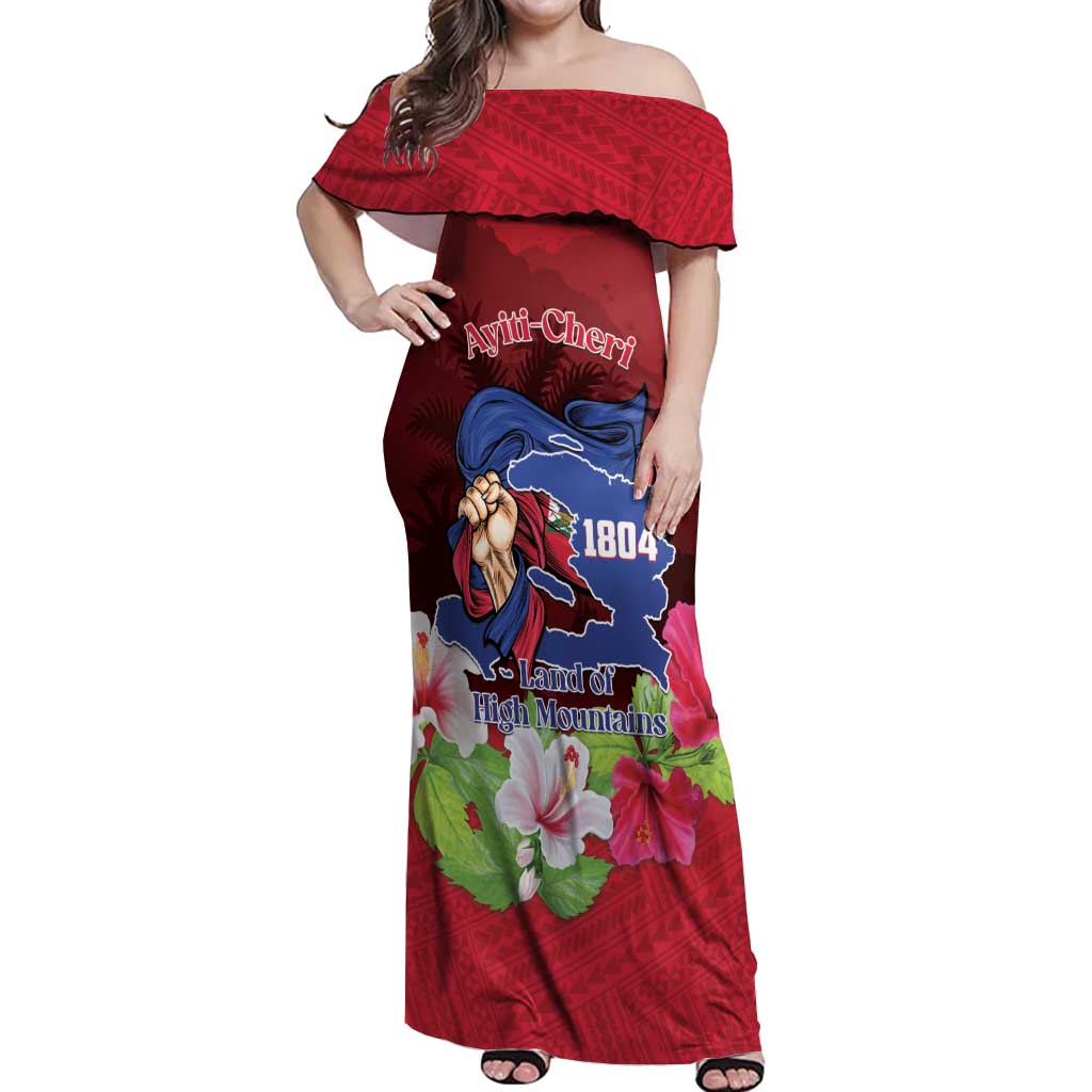 Red off-shoulder maxi dress with colorful landscape and floral graphic print