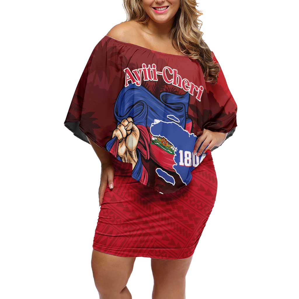 Women's red off-shoulder short dress with graphic front print and batwing sleeves