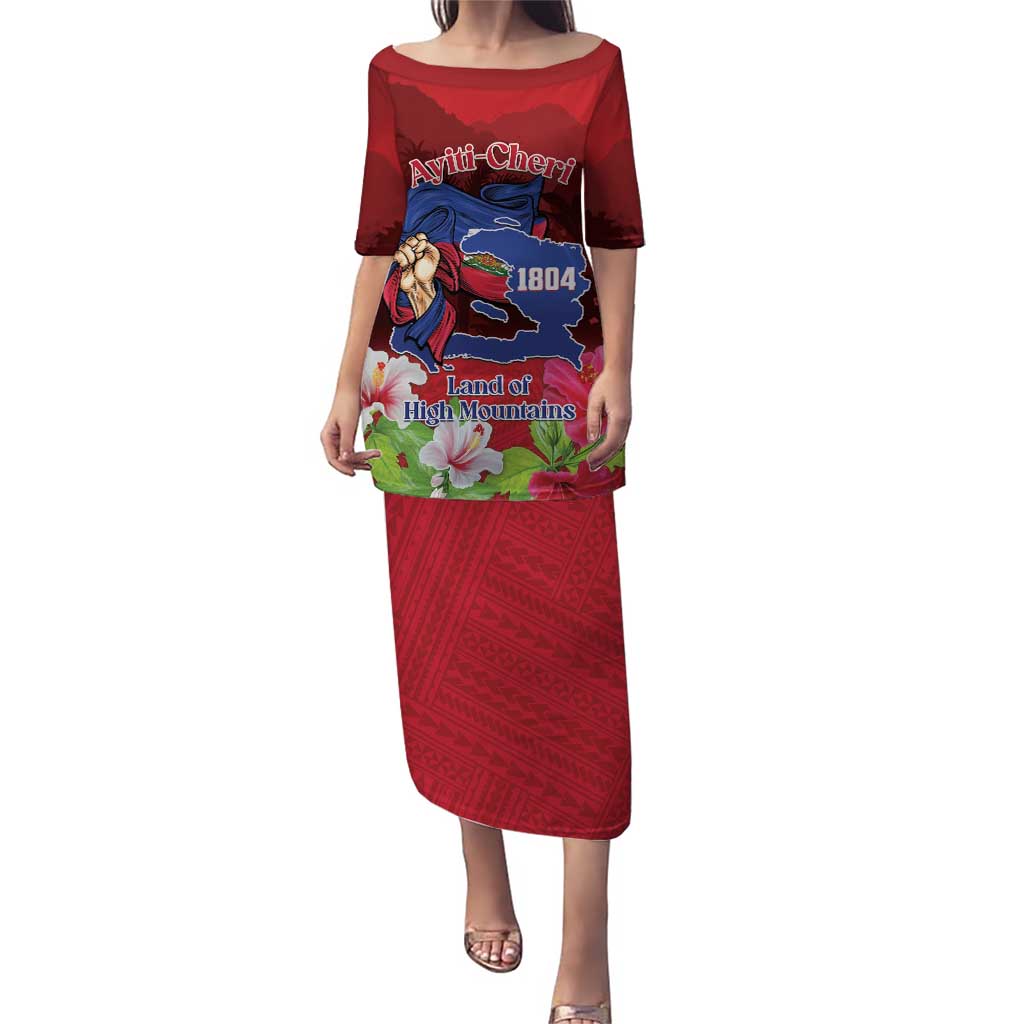 Red long puletasi dress with off-shoulder neckline, front scenic print and matching skirt