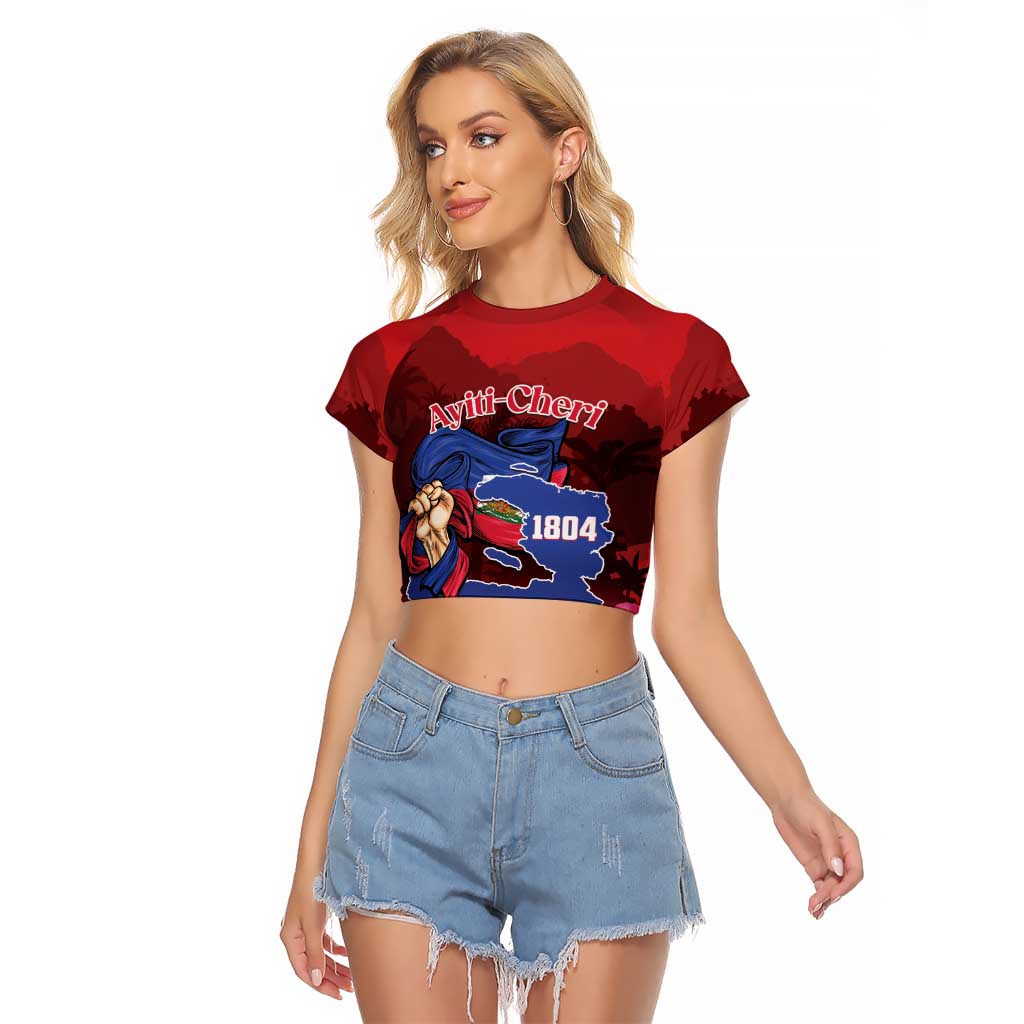 Red cropped raglan T-shirt with 'Ayiti-Cheri' and 1804 graphic on front
