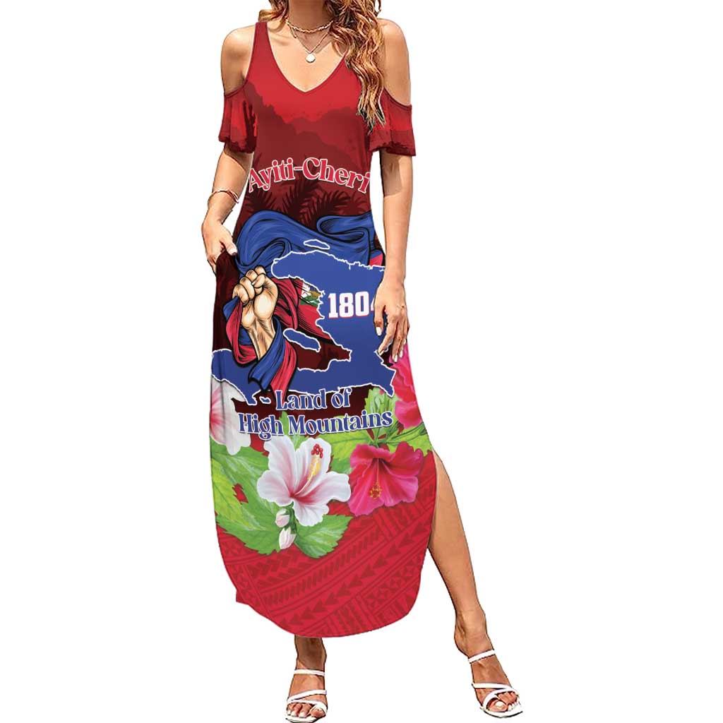 Red off-shoulder maxi dress with V-neck, cold-shoulder sleeves, and floral mountain graphic