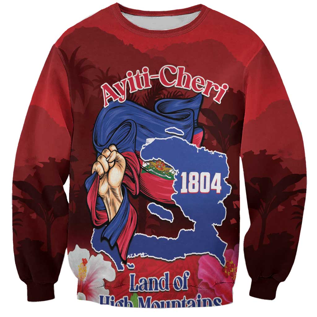 Red crewneck sweatshirt with blue map graphic, 1804 and Land of High Mountains text
