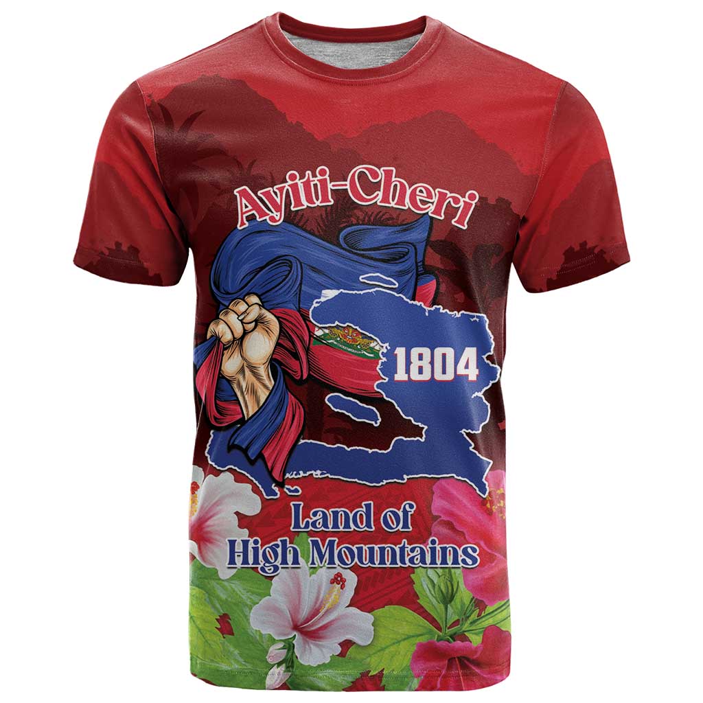 Red graphic T-shirt with front print: Ayiti-Cheri, map, '1804', and high mountains text