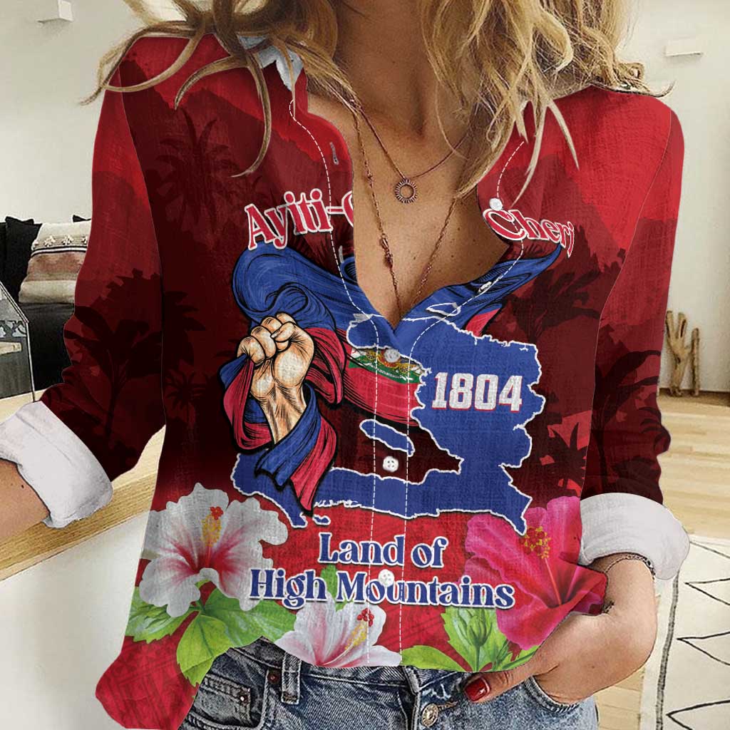 Women’s red casual button-up shirt with colorful map and woman graphic, long sleeves