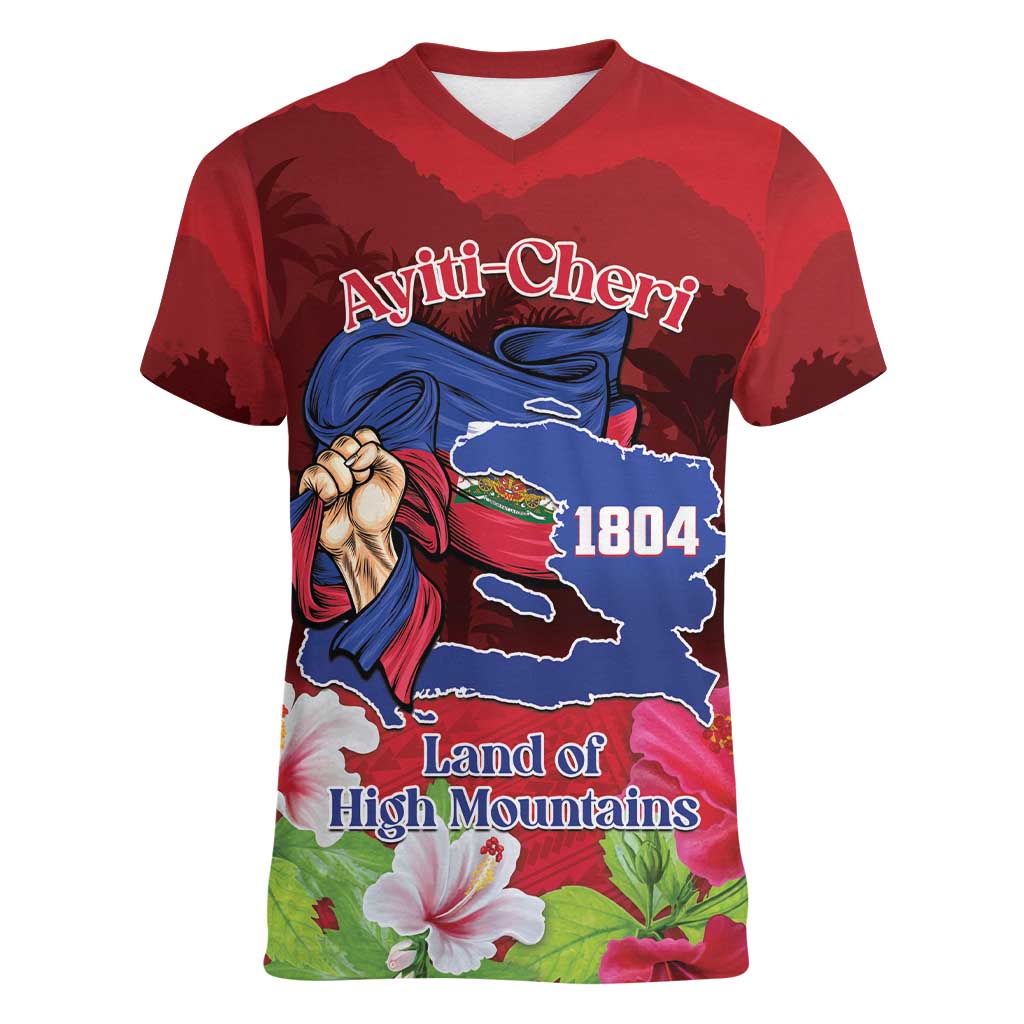 Red women's V-neck T-shirt with Ayiti-Cheri graphic, 1804, and Land of High Mountains