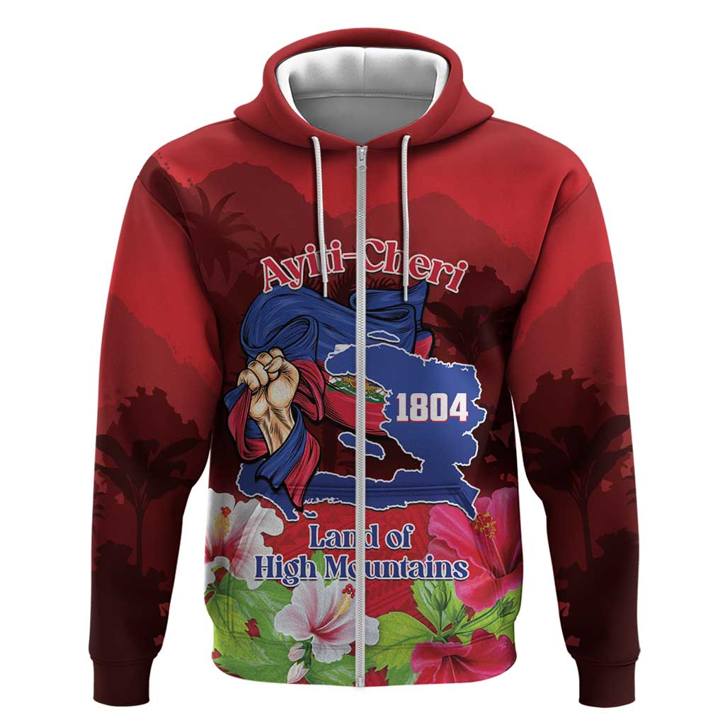 Red zip hoodie with front graphic of blue map, angel figure, and floral accents