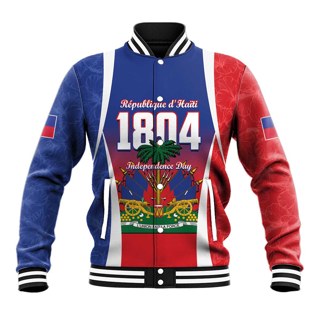 Blue red varsity baseball jacket with Haiti flag graphic and white sleeve stripes