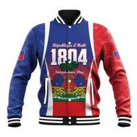 Blue red varsity baseball jacket with Haiti flag graphic and white sleeve stripes