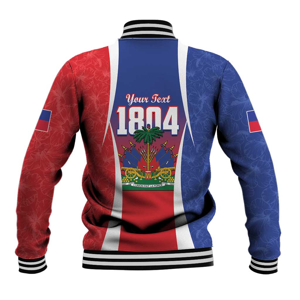 Back view red and blue varsity baseball jacket with white stripe and Your Text 1804 print