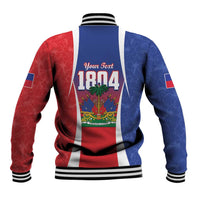 Back view red and blue varsity baseball jacket with white stripe and Your Text 1804 print