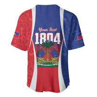 Baseball jersey back in blue red white with 'Your Text 1804' Haiti graphic and patches