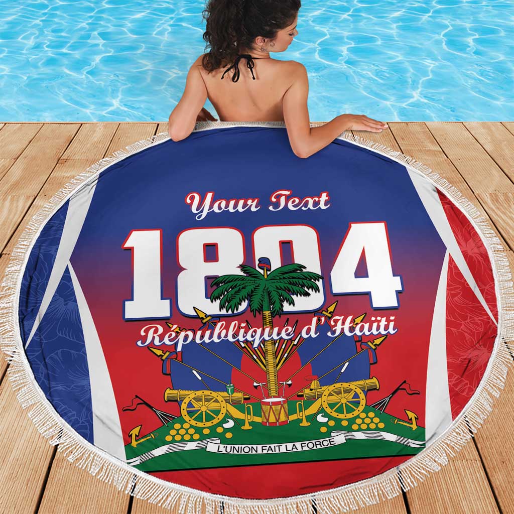 Blue round beach blanket with fringe, Haiti 1804 emblem and 'Your Text' visible