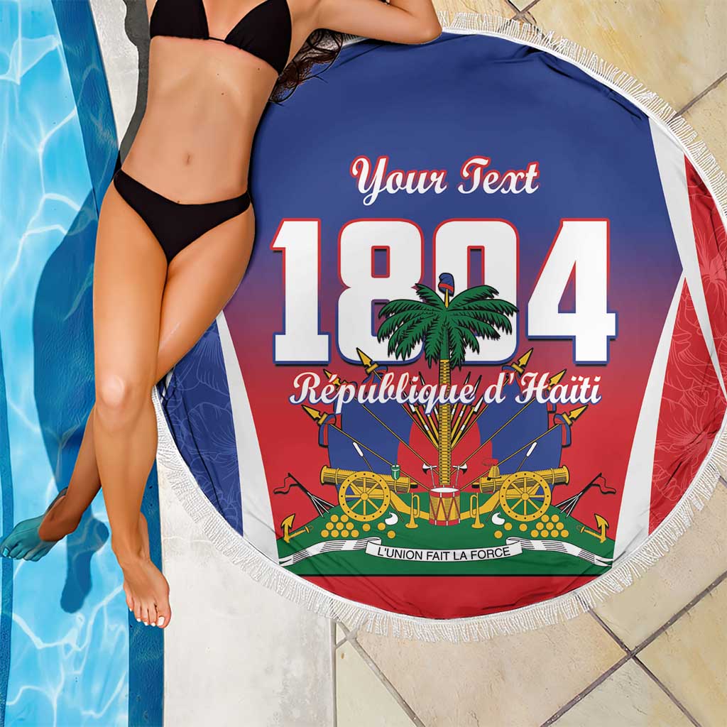 Blue round beach blanket with fringe, Haiti 1804 graphic and 'Your Text' by pool
