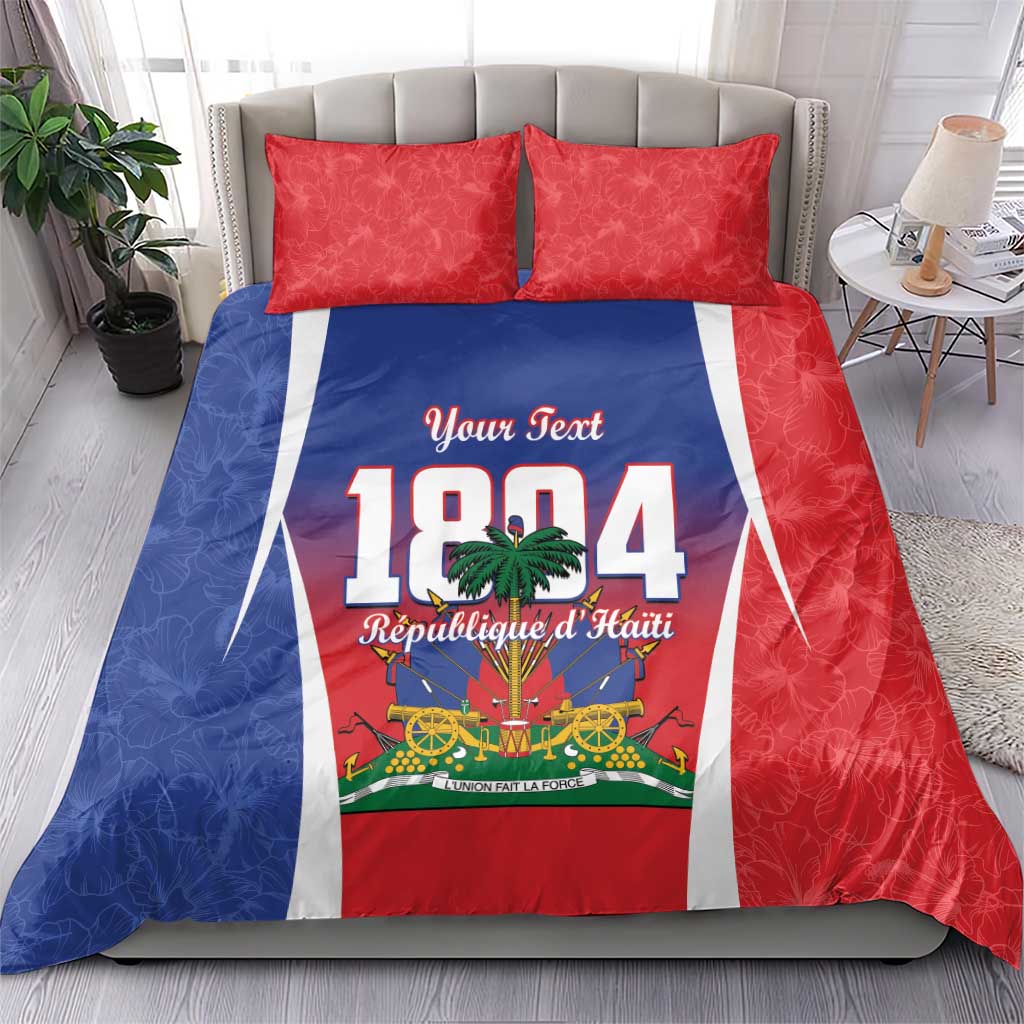 Personalized bedding set featuring red and blue Haiti flag graphic with Your Text, 1804, and 2 pillows