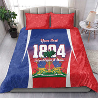 Personalized bedding set featuring red and blue Haiti flag graphic with Your Text, 1804, and 2 pillows