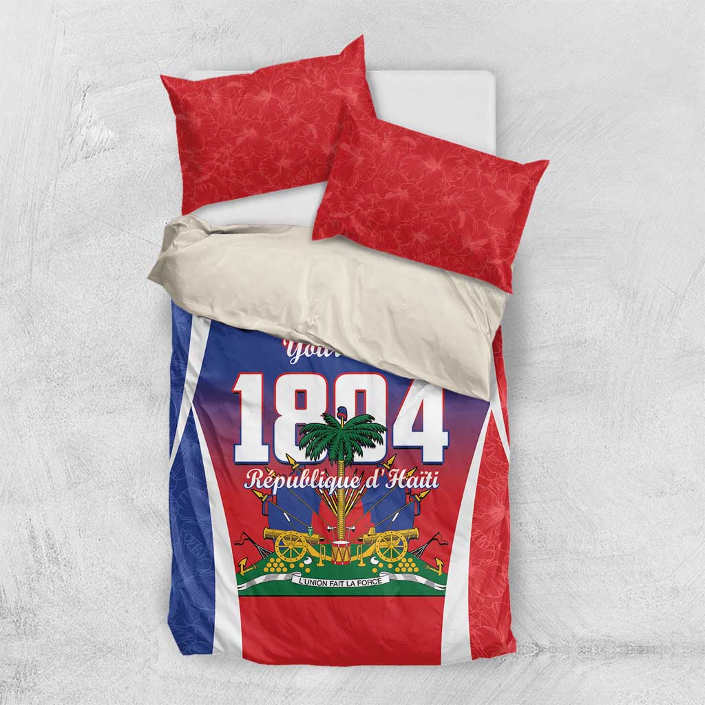 Personalized duvet cover set with red and blue flag graphic, Your Text, 1804, and two red pillows
