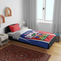 Personalized bedding set on a bed: red and blue 1804 flag design with Your Text and 1 duvet