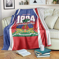 Personalized Haiti 1804 blanket with 'Your Text', blue red white flag design and palm tree