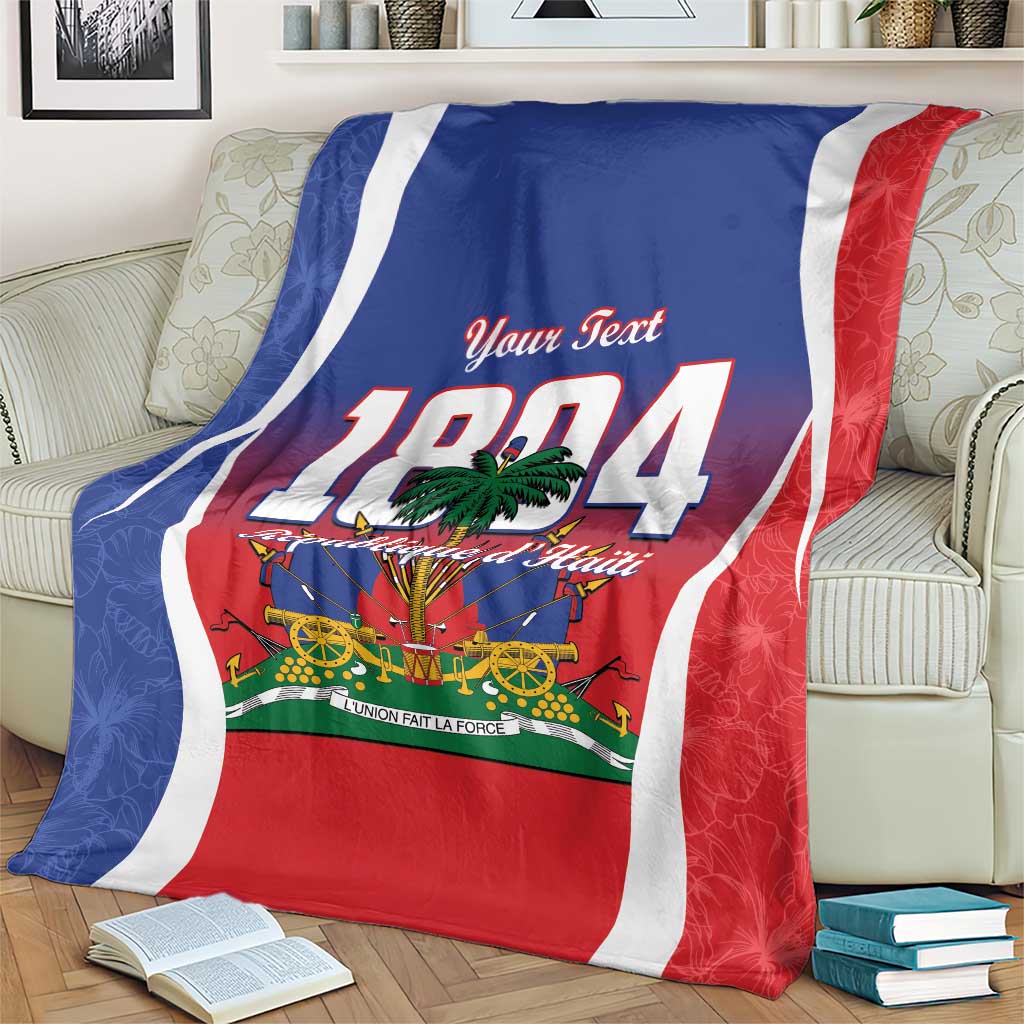 Personalized Haiti 1804 blanket with 'Your Text' and red white blue flag stripes, palm tree
