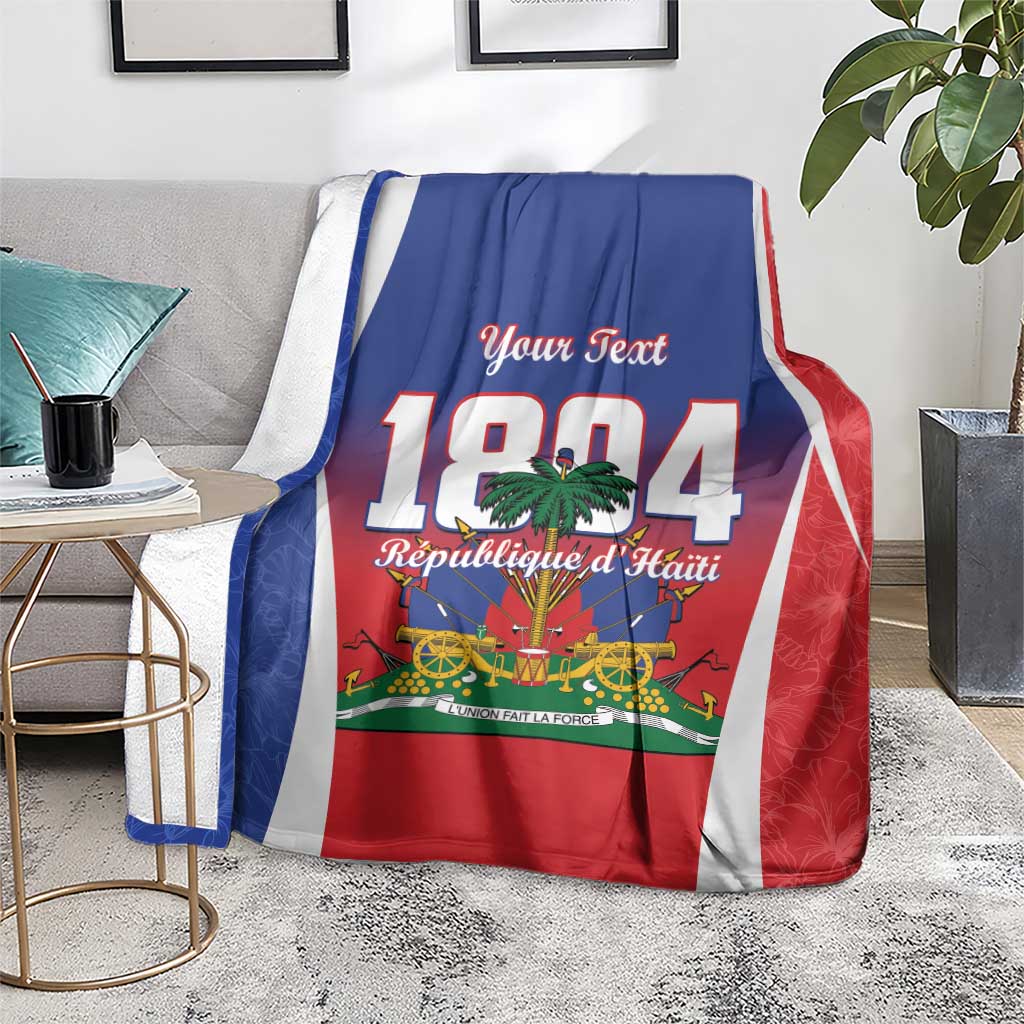 Personalized Haiti 1804 blanket, blue red white print with 'Your Text' and 1804 medallion
