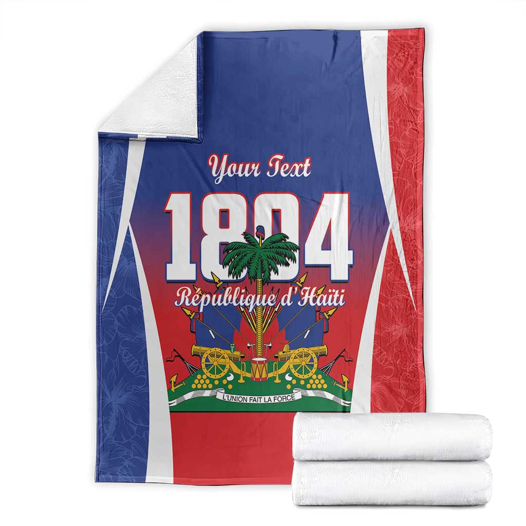 Personalized Haiti 1804 blanket folded, 'Your Text' blue red white flag print and palm tree