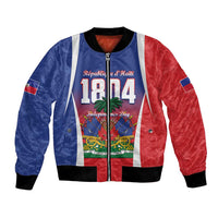 Haiti-themed bomber jacket with red/blue flag panels, 1804 graphic, black rib trim