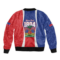 Haiti bomber jacket, red/blue flag panels, 1804 front graphic, black ribbed hem