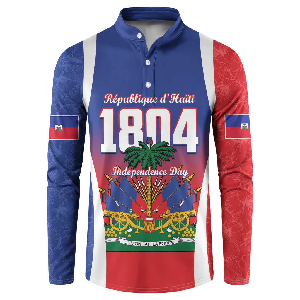 Navy button henley sweatshirt with Haitian emblem, palm tree, and "1804" front graphic