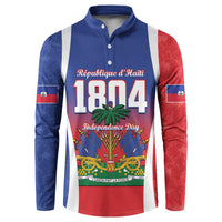 Navy button henley sweatshirt with Haitian emblem, palm tree, and "1804" front graphic
