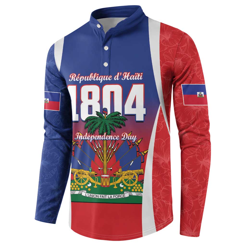 Haiti 1804 button sweatshirt with blue-red sleeves and front graphic
