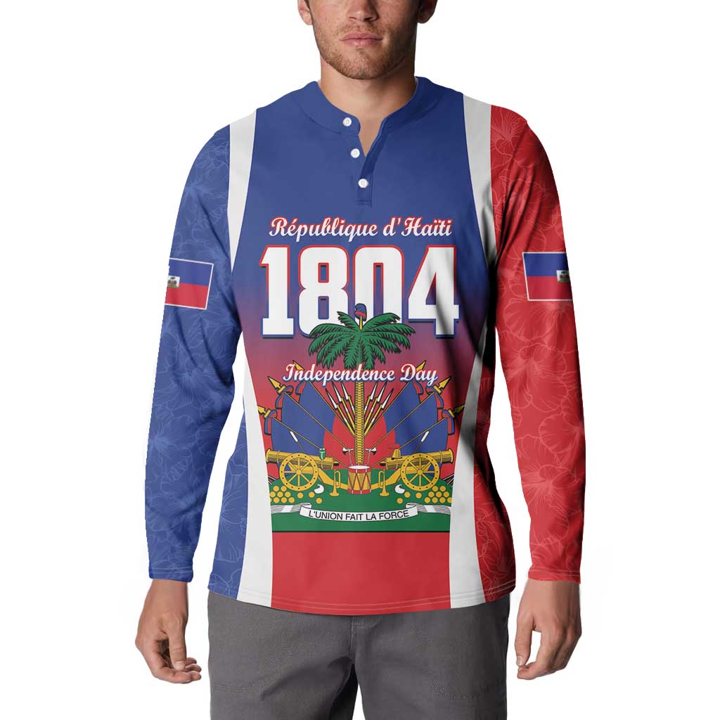 Blue henley sweatshirt with Haitian flag sleeves and "Independence Day" "1804" print