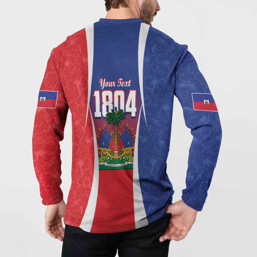 Blue button sweatshirt with Haitian flag stripe back panel and "Your Text" "1804" graphic