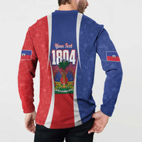Blue button sweatshirt with Haitian flag stripe back panel and "Your Text" "1804" graphic