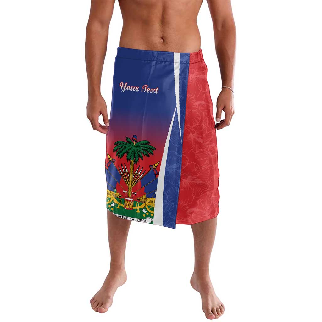 Personalized swim trunks with blue and red side panels and tropical Haiti graphic